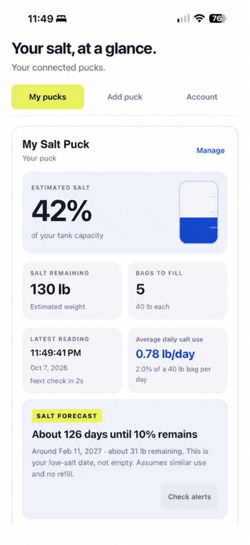 iPhone app preview showing salt level, pounds remaining, refill bags, latest reading, daily use and a forecast.